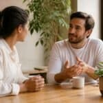 Two people in a warm conversation at a table, representing mutual trust and understanding in relationships.