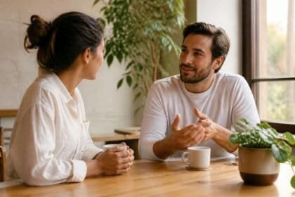 Two people in a warm conversation at a table, representing mutual trust and understanding in relationships.