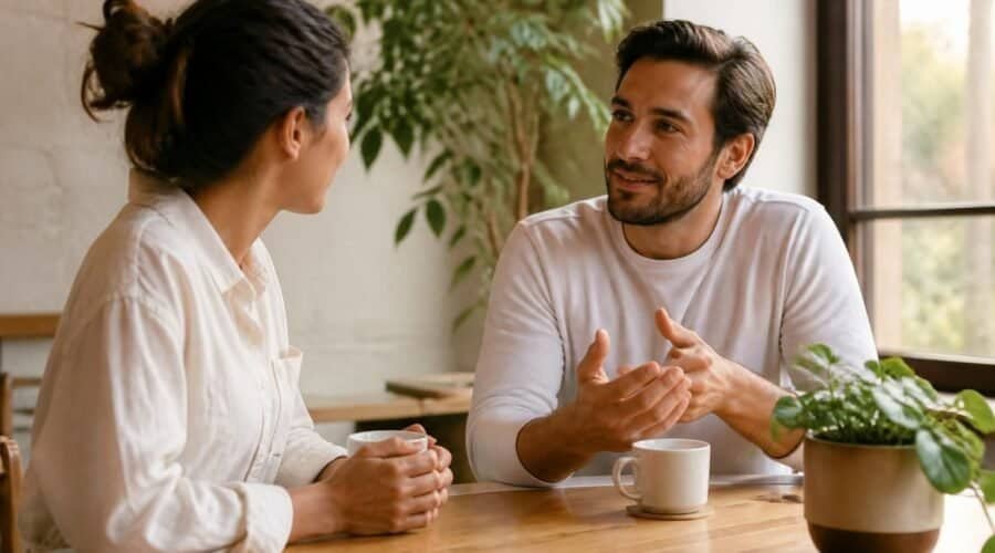 Two people in a warm conversation at a table, representing mutual trust and understanding in relationships.
