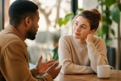 Two people listening to each other in a calm conversation, representing understanding and empathy for others.