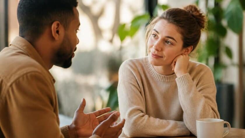 Two people listening to each other in a calm conversation, representing understanding and empathy for others.