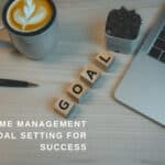 motivational workspace with coffee and laptop, workspace for goal setting and success inspiration, organized office desk with motivational themes, relevant to moments of positivity and goal achievement.