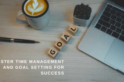 motivational workspace with coffee and laptop, workspace for goal setting and success inspiration, organized office desk with motivational themes, relevant to moments of positivity and goal achievement.