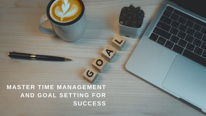 motivational workspace with coffee and laptop, workspace for goal setting and success inspiration, organized office desk with motivational themes, relevant to moments of positivity and goal achievement.