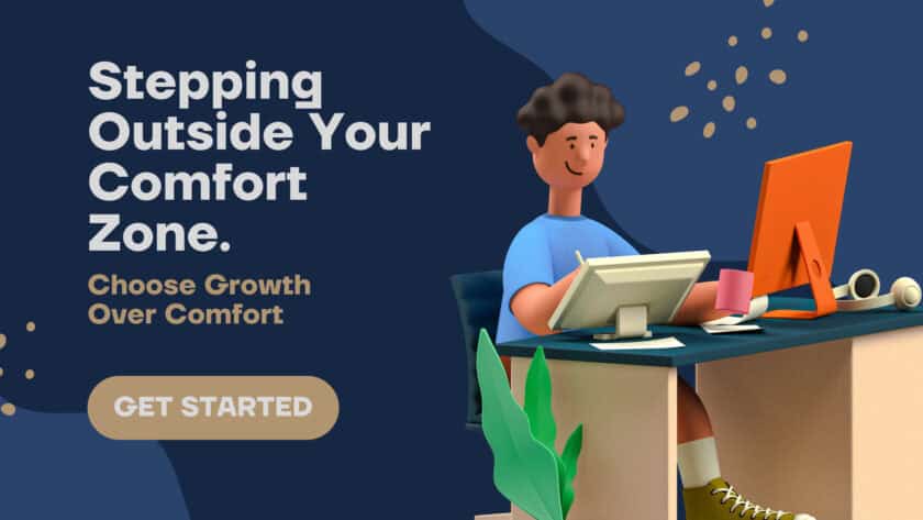 Peaceful young man working on a computer with motivational quote about stepping outside comfort zone.