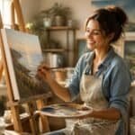 "A person happily engaged in a creative hobby, representing finding and pursuing your passion."