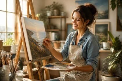"A person happily engaged in a creative hobby, representing finding and pursuing your passion."