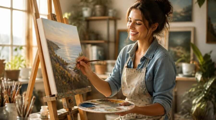"A person happily engaged in a creative hobby, representing finding and pursuing your passion."